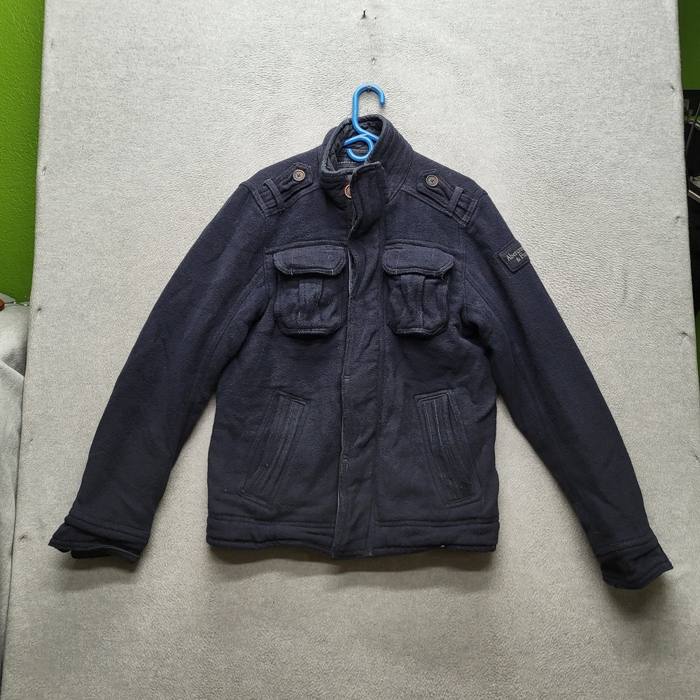 Abercrombie & Fitch Men Jacket L Navy Wool Military Utility Long Sleeve Y2K READ